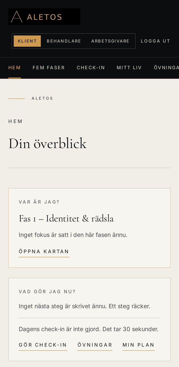 Medarbetarens privata mobilvy i ALETOS med personlig check-in, plan och behandlingens steg